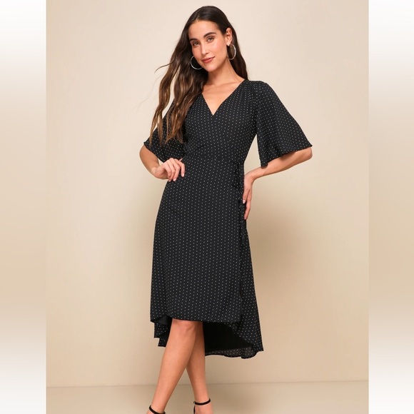 Lulu's Black Ribbed Wrap Dress with Flutter Sleeves - Picture 1 of 12